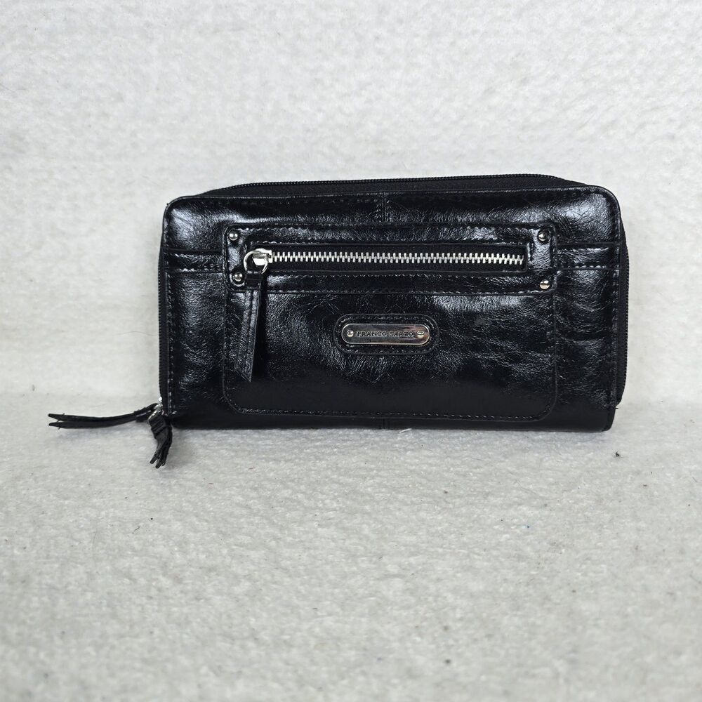 Franco Sarto Zip-Around Black Leather and Silver Multi Pocket Wallet